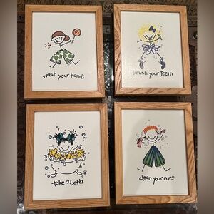 Set of 4 Wood Framed 8x10 Kids Bathroom Art Prints
